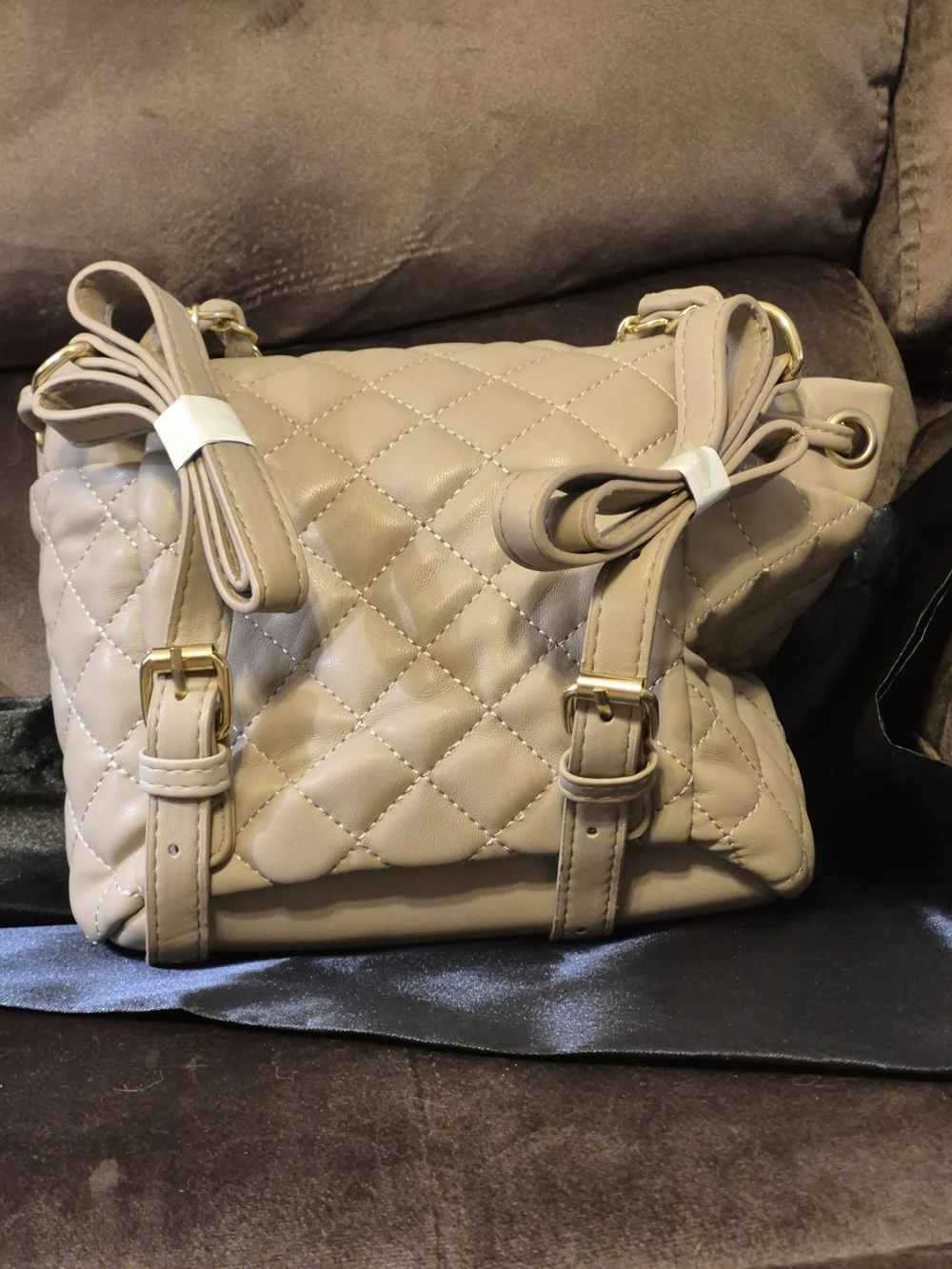 Badgley Mischka Quilted Drawstring Backpack - Taupe